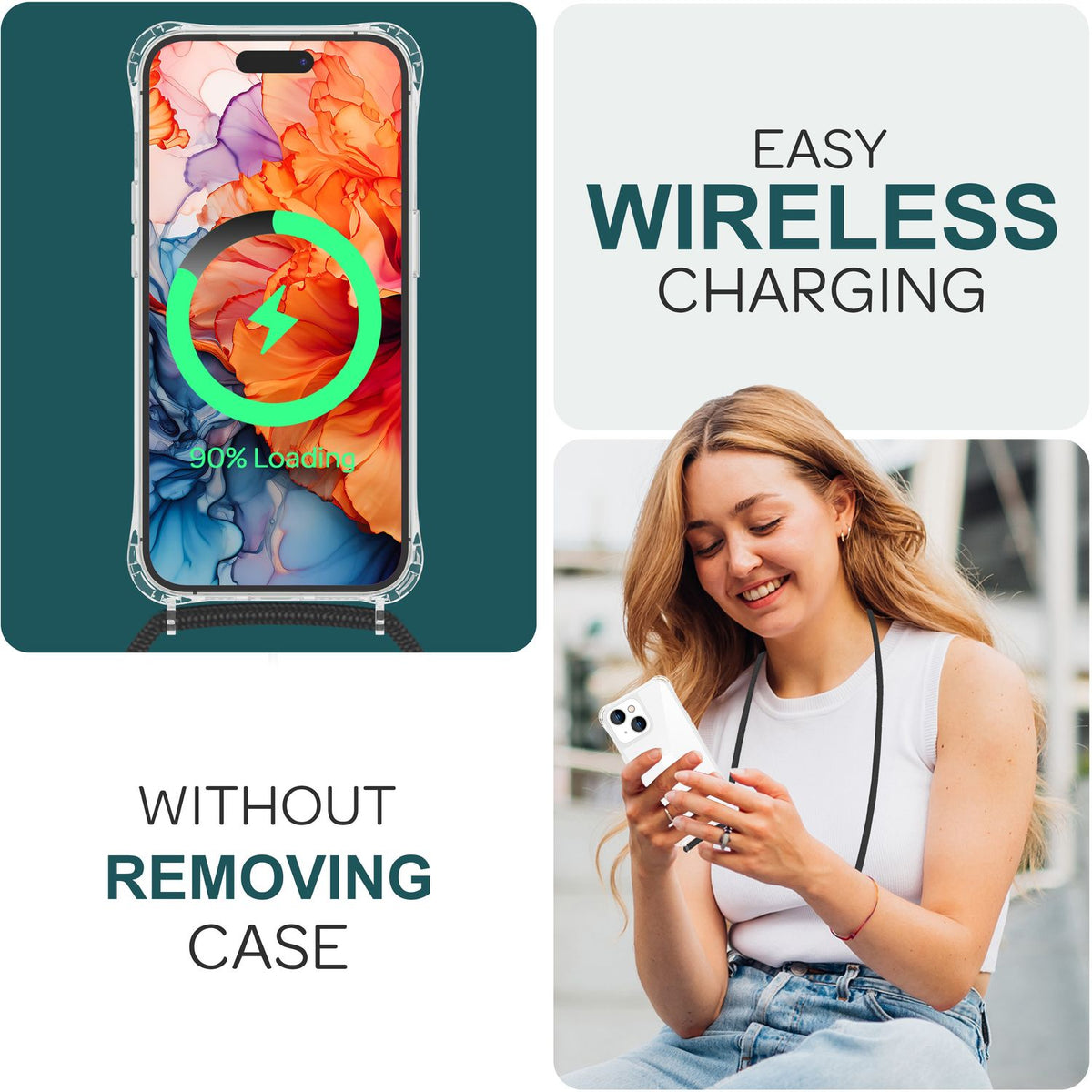 NALIA Handykette für iPhone 15 Plus – Transparentes Hybrid-Case & Band – HANGIT PRO (Anti-Gelb Rückseite & Verstellbar) – Marke aus Berlin