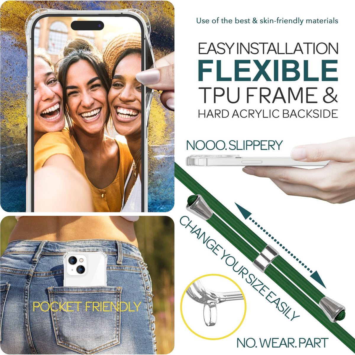 NALIA Handykette für iPhone 15 Plus – Transparentes Hybrid-Case & Band – HANGIT PRO (Anti-Gelb Rückseite & Verstellbar) – Marke aus Berlin