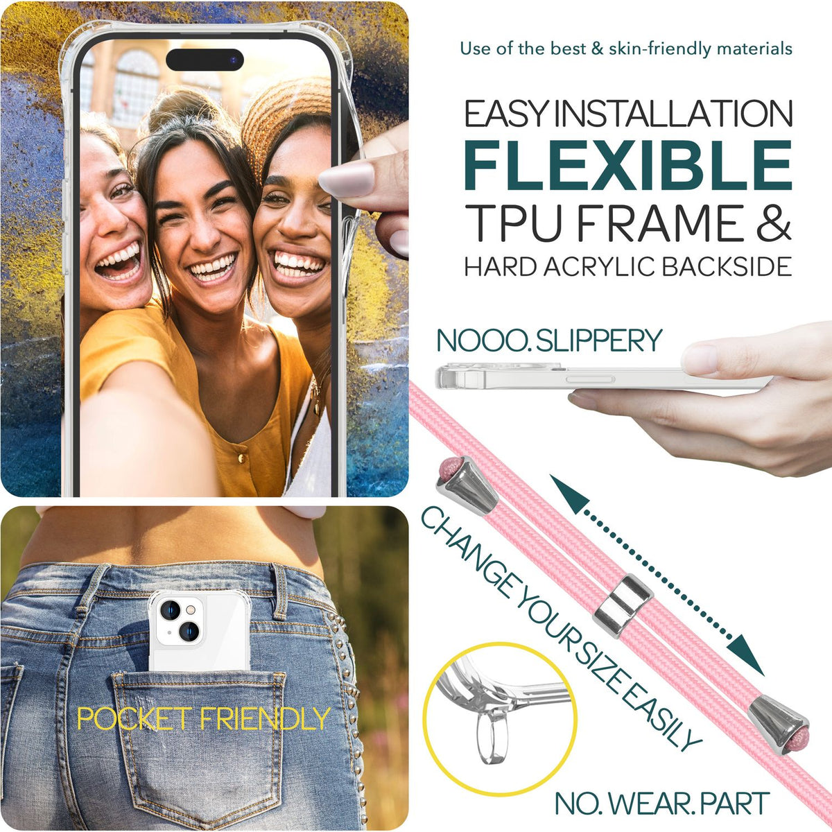 NALIA Handykette für iPhone 15 Plus – Transparentes Hybrid-Case & Band – HANGIT PRO (Anti-Gelb Rückseite & Verstellbar) – Marke aus Berlin
