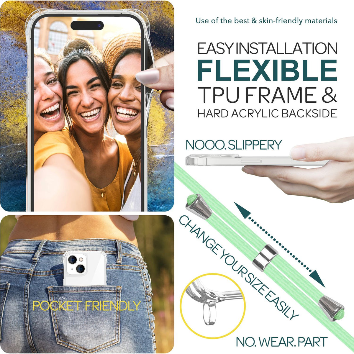 NALIA Handykette für iPhone 15 Plus – Transparentes Hybrid-Case & Band – HANGIT PRO (Anti-Gelb Rückseite & Verstellbar) – Marke aus Berlin