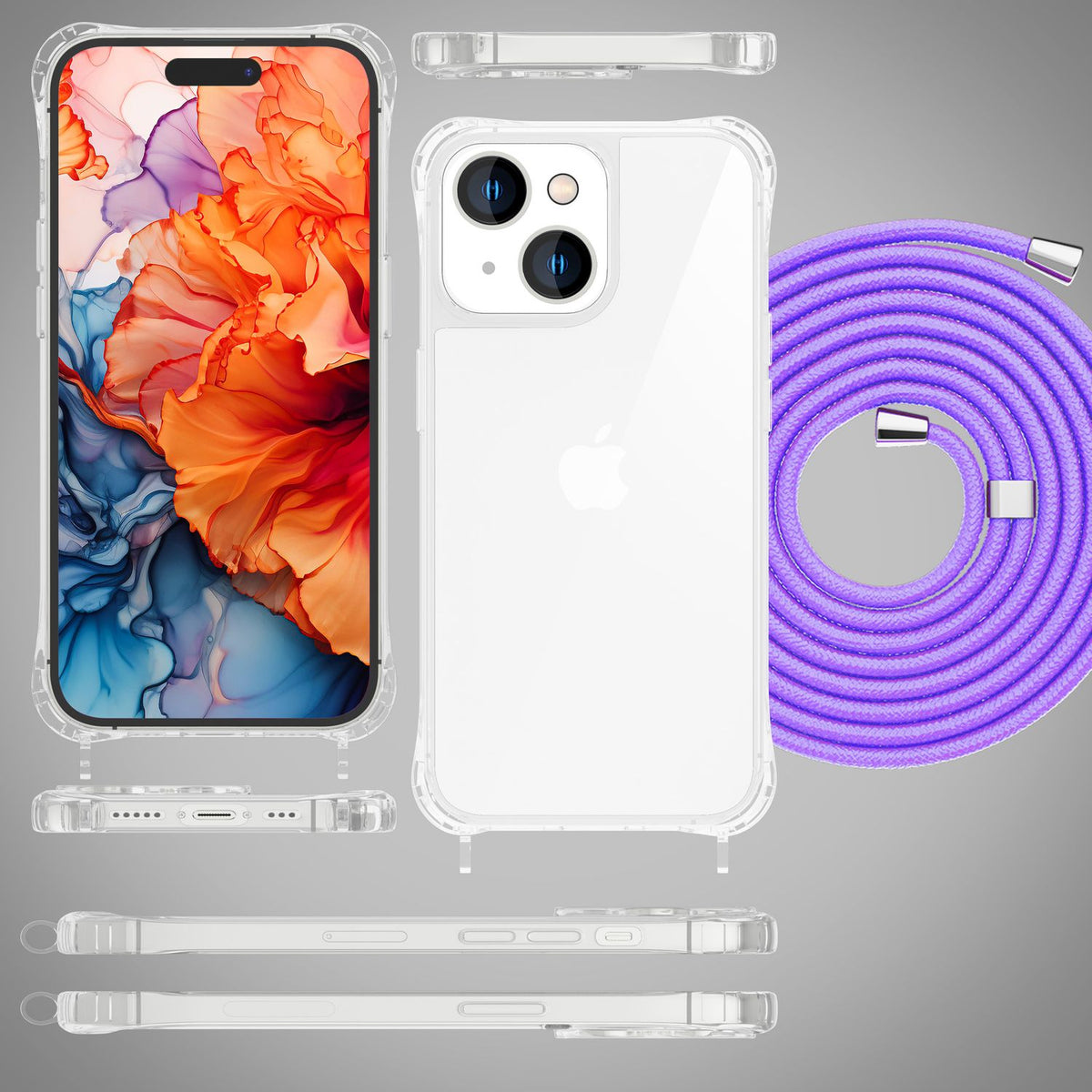 NALIA Handykette für iPhone 15 Plus – Transparentes Hybrid-Case & Band – HANGIT PRO (Anti-Gelb Rückseite & Verstellbar) – Marke aus Berlin