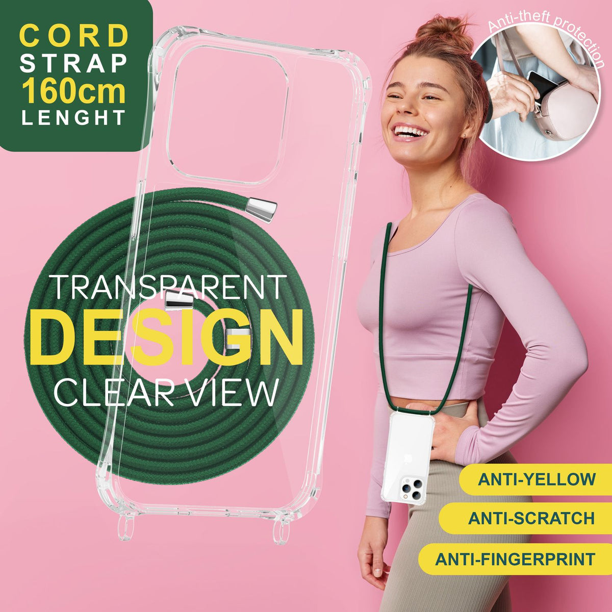 NALIA Handykette für iPhone 15 Pro – Transparentes Hybrid-Case & Band – HANGIT PRO (Anti-Gelb Rückseite & Verstellbar) – Marke aus Berlin
