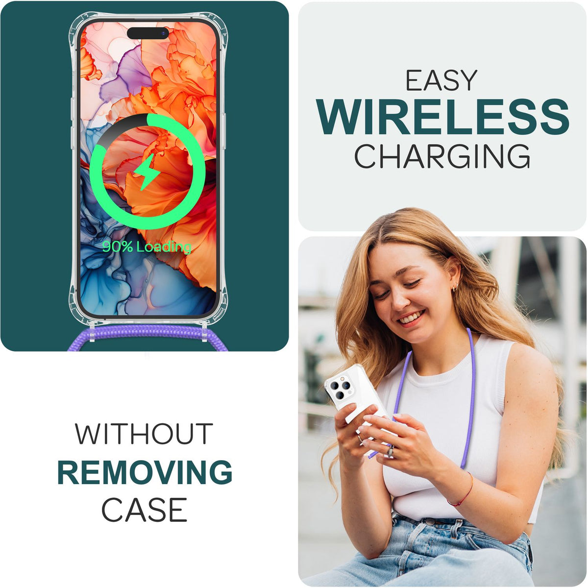 NALIA Handykette für iPhone 15 Pro – Transparentes Hybrid-Case & Band – HANGIT PRO (Anti-Gelb Rückseite & Verstellbar) – Marke aus Berlin