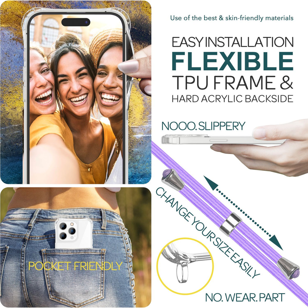 NALIA Handykette für iPhone 15 Pro – Transparentes Hybrid-Case & Band – HANGIT PRO (Anti-Gelb Rückseite & Verstellbar) – Marke aus Berlin
