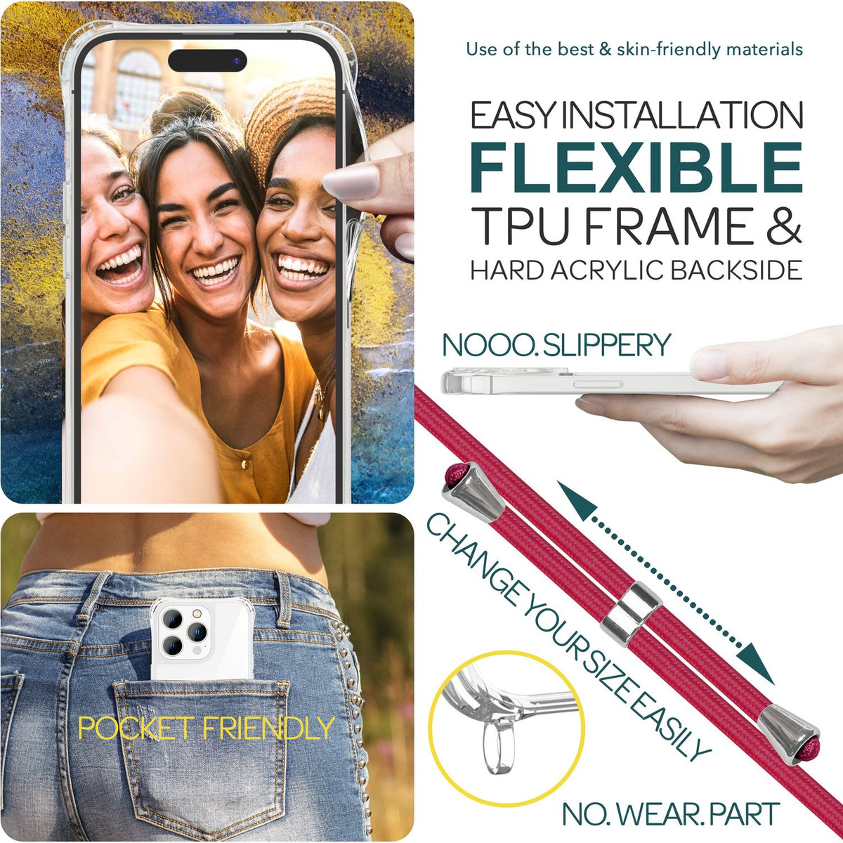 NALIA Handykette für iPhone 15 Pro – Transparentes Hybrid-Case & Band – HANGIT PRO (Anti-Gelb Rückseite & Verstellbar) – Marke aus Berlin