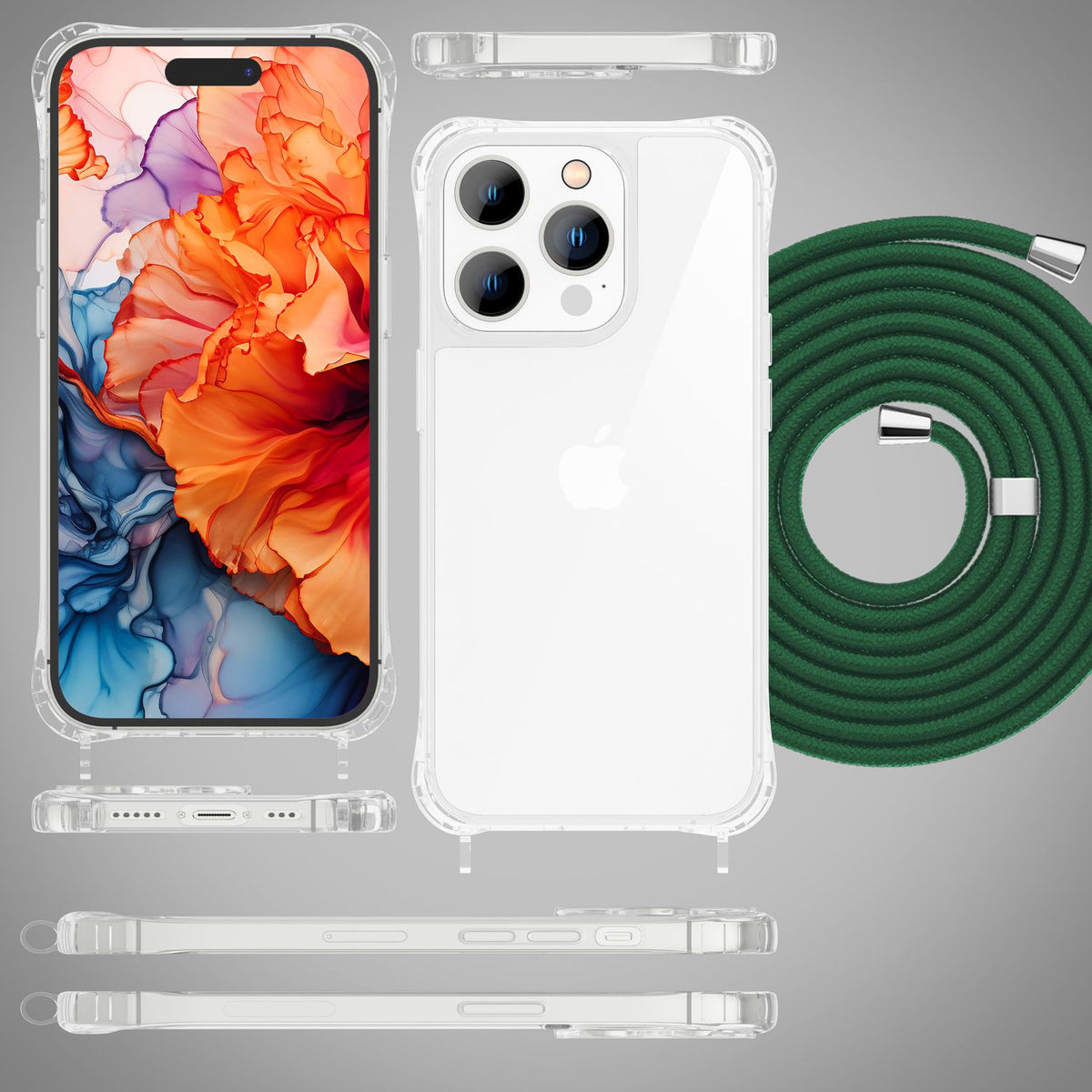 NALIA Handykette für iPhone 15 Pro – Transparentes Hybrid-Case & Band – HANGIT PRO (Anti-Gelb Rückseite & Verstellbar) – Marke aus Berlin