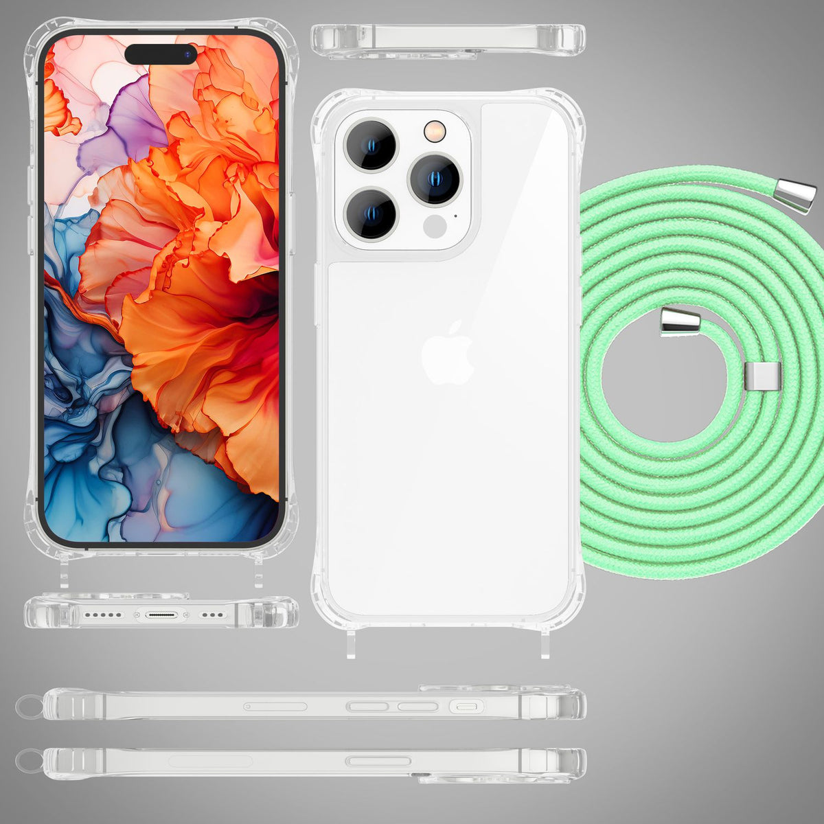 NALIA Handykette für iPhone 15 Pro – Transparentes Hybrid-Case & Band – HANGIT PRO (Anti-Gelb Rückseite & Verstellbar) – Marke aus Berlin