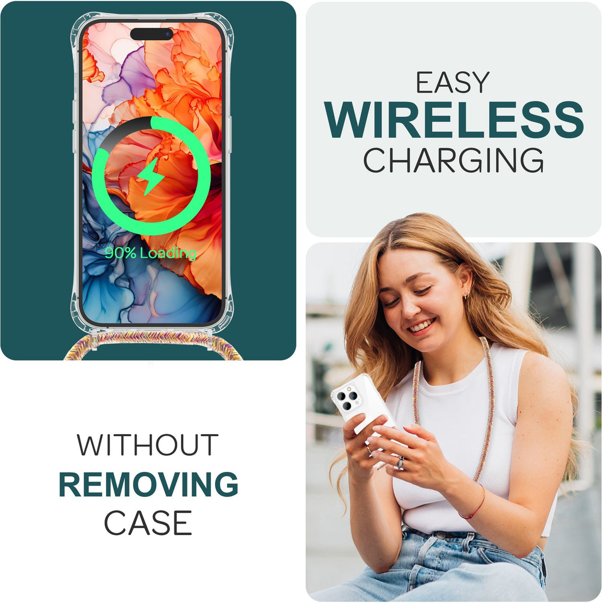 NALIA Handykette für iPhone 15 Pro Max – Transparentes Hybrid-Case & Band – HANGIT PRO (Anti-Gelb Rückseite & Verstellbar) – Marke aus Berlin