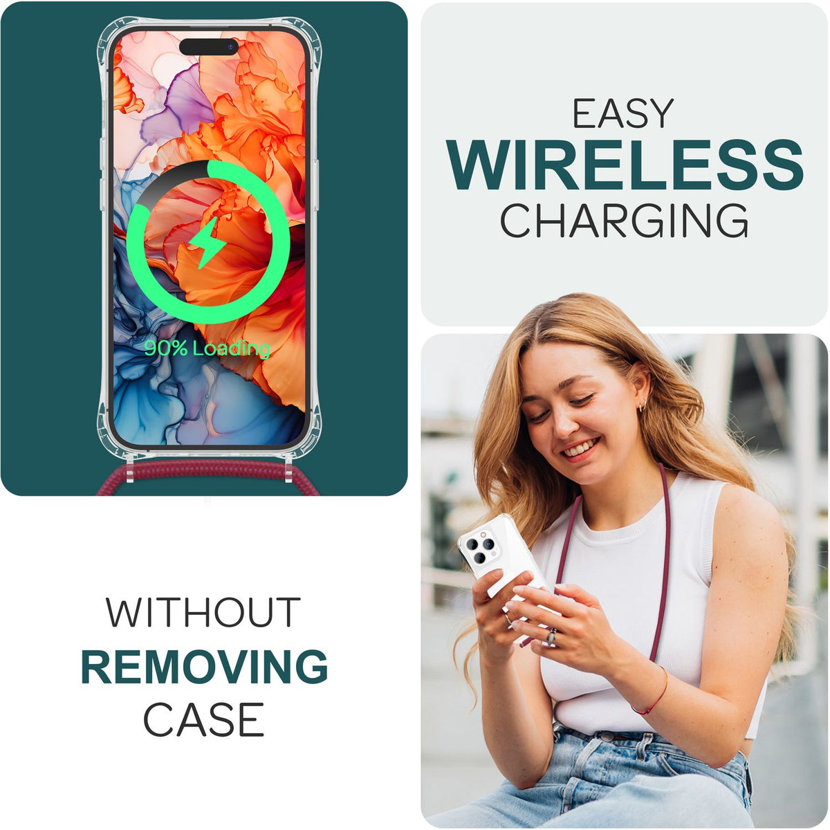 NALIA Handykette für iPhone 15 Pro Max – Transparentes Hybrid-Case & Band – HANGIT PRO (Anti-Gelb Rückseite & Verstellbar) – Marke aus Berlin
