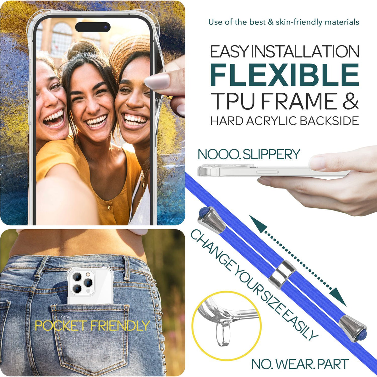 NALIA Handykette für iPhone 15 Pro Max – Transparentes Hybrid-Case & Band – HANGIT PRO (Anti-Gelb Rückseite & Verstellbar) – Marke aus Berlin