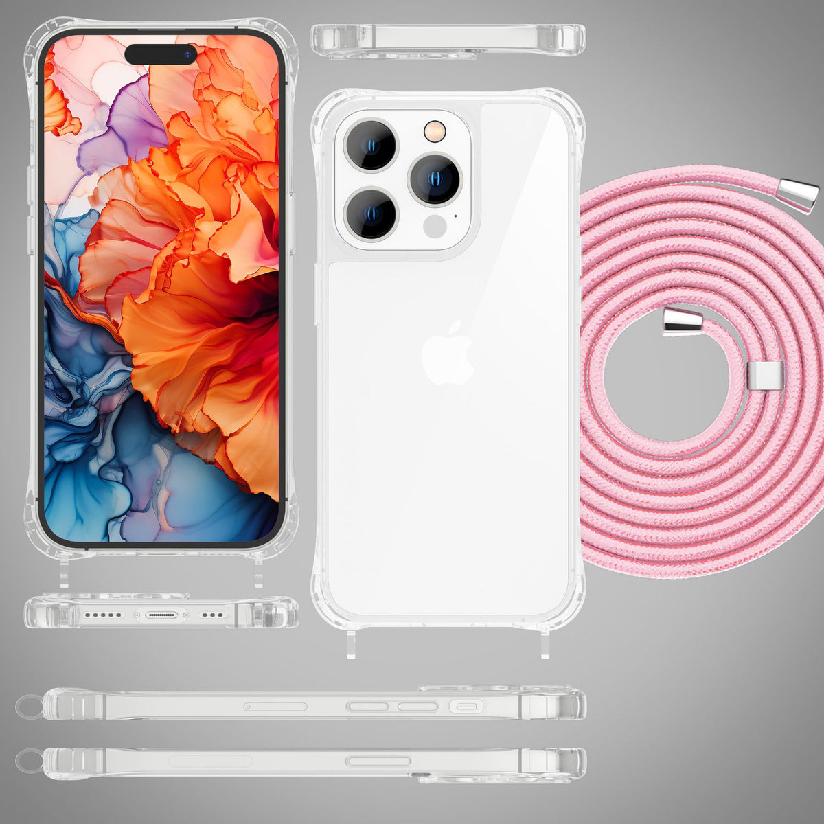 NALIA Handykette für iPhone 15 Pro Max – Transparentes Hybrid-Case & Band – HANGIT PRO (Anti-Gelb Rückseite & Verstellbar) – Marke aus Berlin