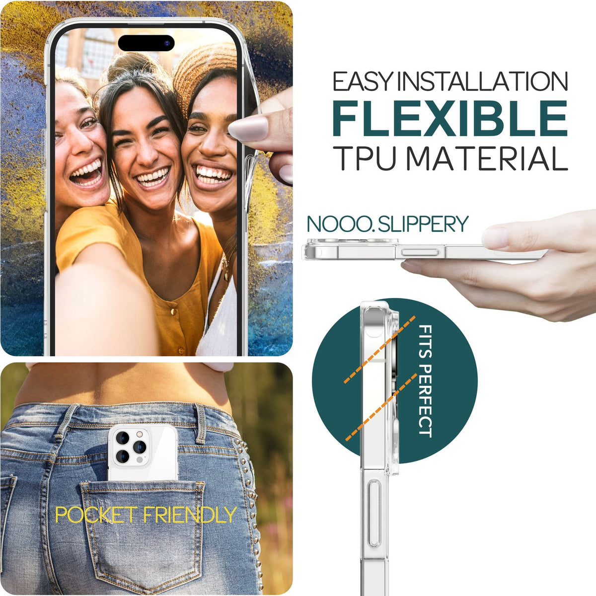 NALIA Transparente Hülle für iPhone 15 Pro Max – Anti-Gelb & Stoßfest – BLYSS (Rückseite in Glas-Optik) – Marke aus Berlin