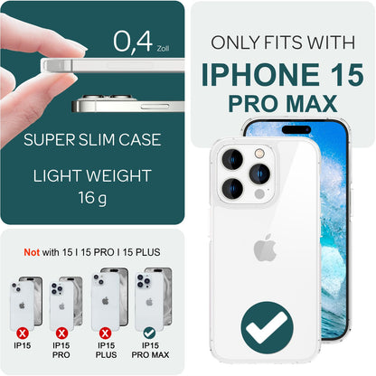 NALIA Transparente Hülle für iPhone 15 Pro Max – Anti-Gelb & Stoßfest – BLYSS (Rückseite in Glas-Optik) – Marke aus Berlin