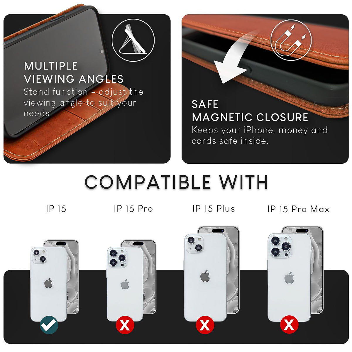 NALIA Echtlederhülle für iPhone 15 – RFID Wallet & Magnet-Verschluss – LEVANTO (Handgefertigte Klapphülle) – Marke aus Berlin
