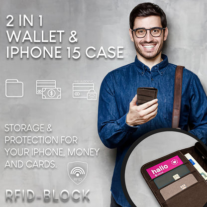 NALIA Echtlederhülle für iPhone 15 Plus – RFID Wallet & Magnet-Verschluss – LEVANTO (Handgefertigte Klapphülle) – Marke aus Berlin