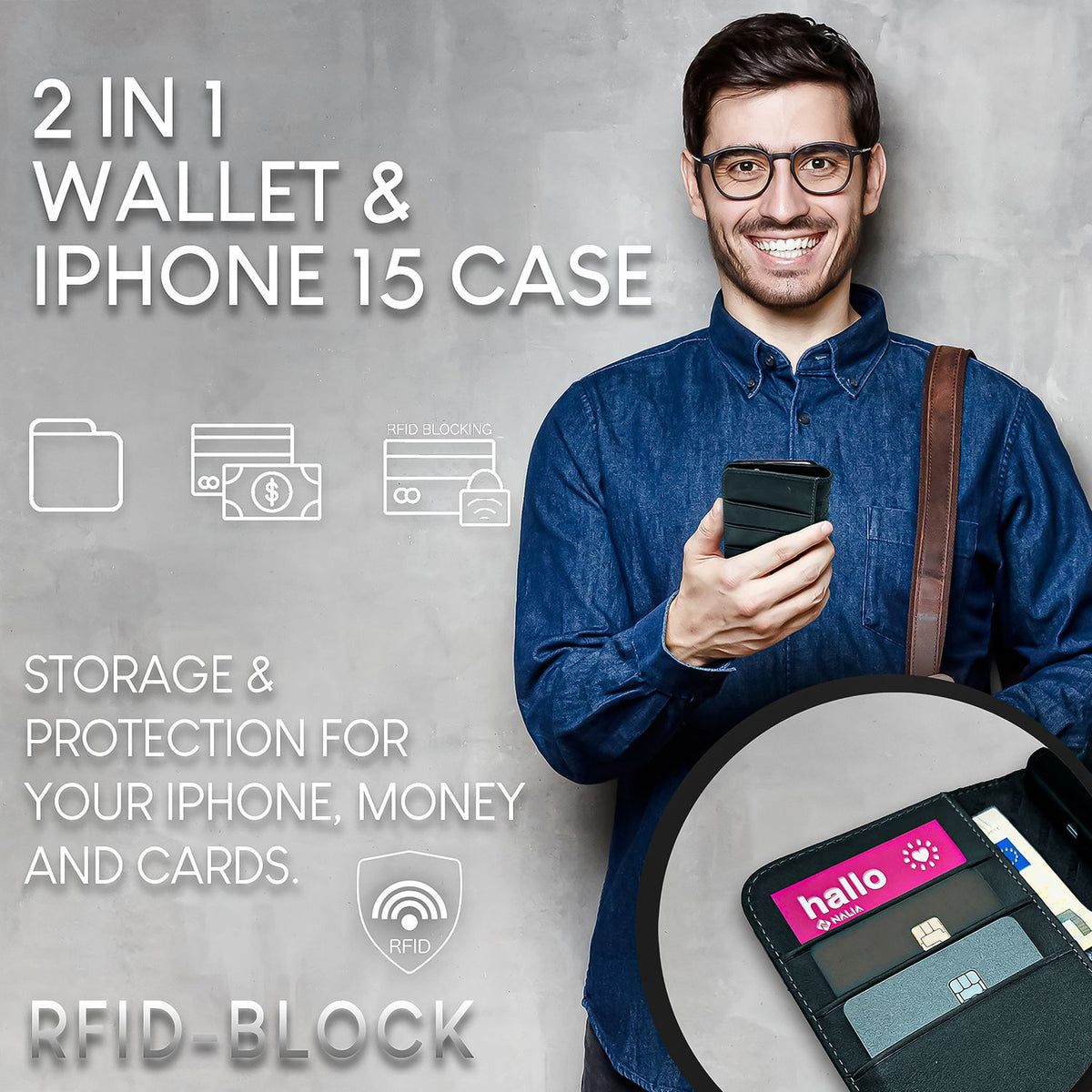 NALIA Echtlederhülle für iPhone 15 Plus – RFID Wallet & Magnet-Verschluss – LEVANTO (Handgefertigte Klapphülle) – Marke aus Berlin