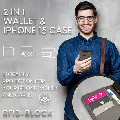 NALIA Echtlederhülle für iPhone 15 Pro – RFID Wallet & Magnet-Verschluss – LEVANTO (Handgefertigte Klapphülle) – Marke aus Berlin