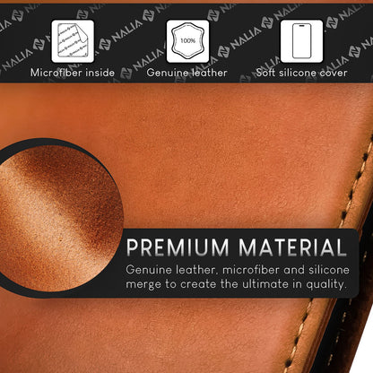 NALIA Echtlederhülle für iPhone 15 Pro – RFID Wallet & Magnet-Verschluss – LEVANTO (Handgefertigte Klapphülle) – Marke aus Berlin