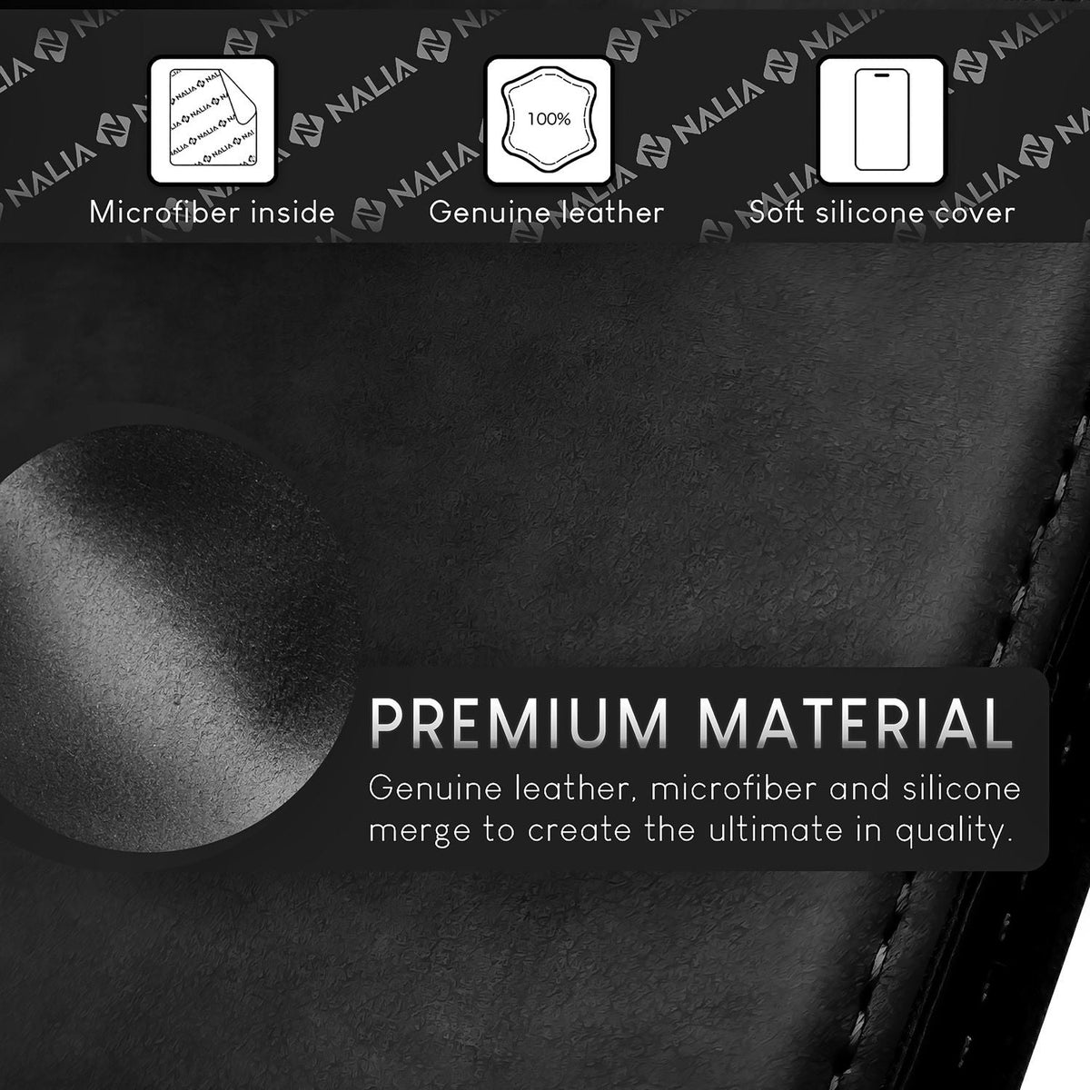 NALIA Echtlederhülle für iPhone 15 Pro – RFID Wallet & Magnet-Verschluss – LEVANTO (Handgefertigte Klapphülle) – Marke aus Berlin