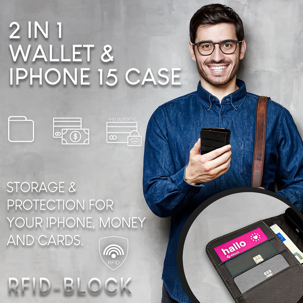 NALIA Echtlederhülle für iPhone 15 Pro – RFID Wallet & Magnet-Verschluss – LEVANTO (Handgefertigte Klapphülle) – Marke aus Berlin