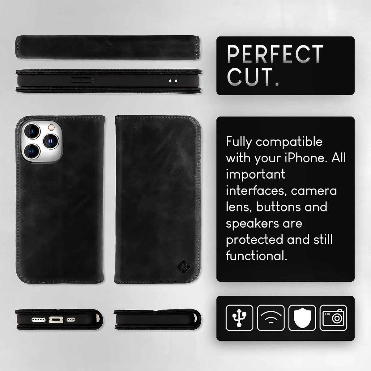 NALIA Echtlederhülle für iPhone 15 Pro – RFID Wallet & Magnet-Verschluss – LEVANTO (Handgefertigte Klapphülle) – Marke aus Berlin