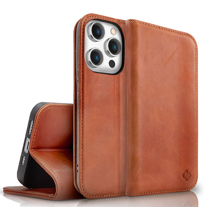 NALIA Echtlederhülle für iPhone 15 Pro – RFID Wallet & Magnet-Verschluss – LEVANTO (Handgefertigte Klapphülle) – Marke aus Berlin