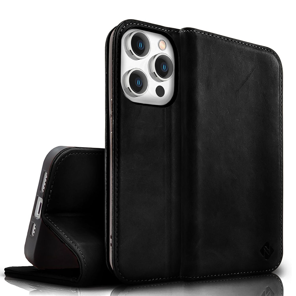 NALIA Echtlederhülle für iPhone 15 Pro – RFID Wallet & Magnet-Verschluss – LEVANTO (Handgefertigte Klapphülle) – Marke aus Berlin