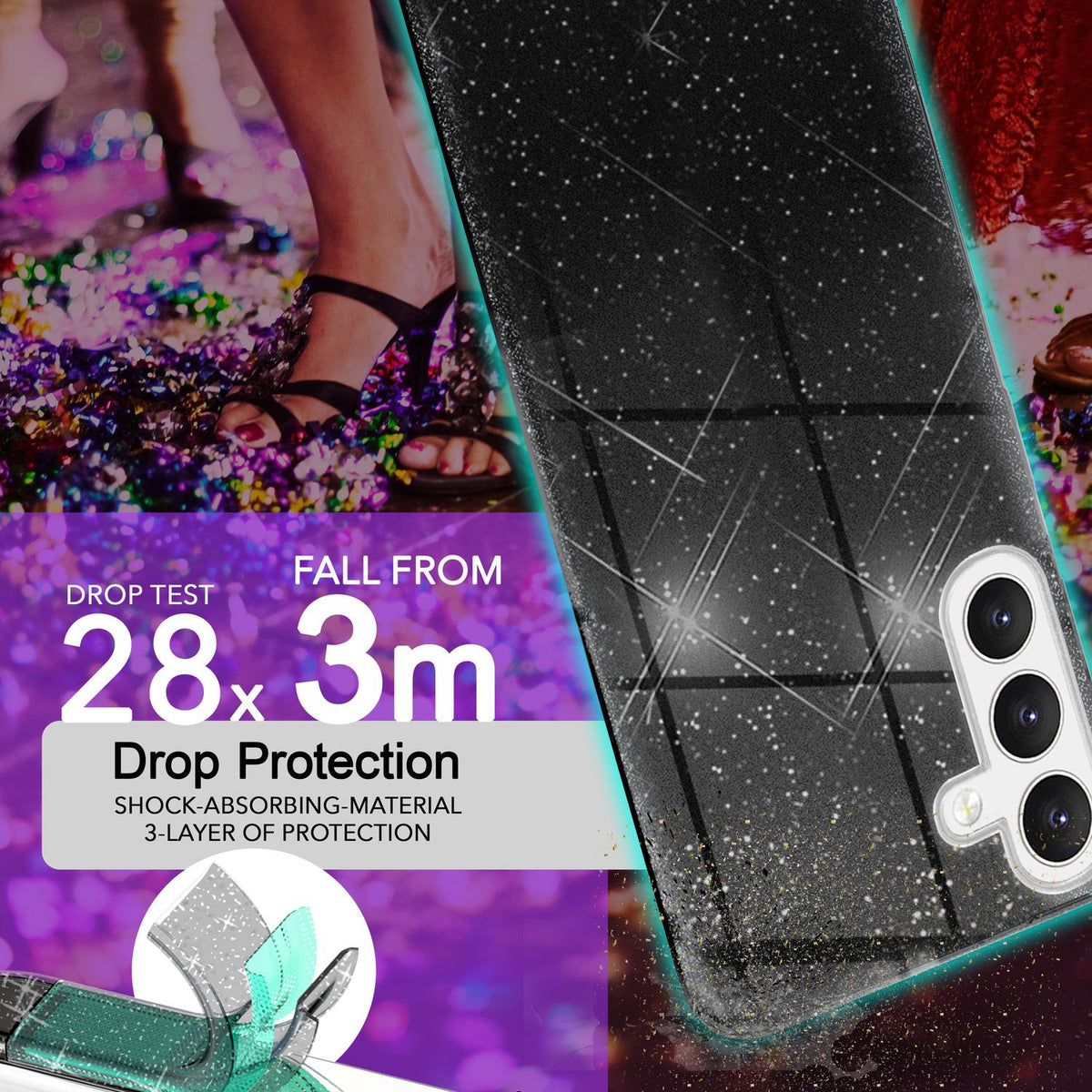 NALIA Glitzerhülle für Samsung Galaxy S24 – Funkelnder Glitzer-Look & Grip – SHINEPOP (Silikon Case) – Marke aus Berlin