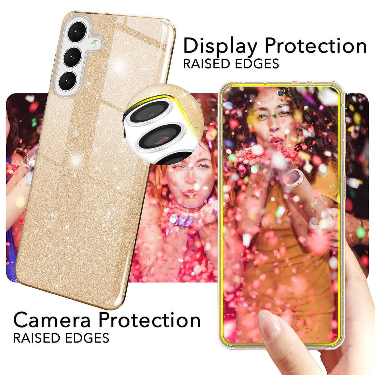 NALIA Glitzerhülle für Samsung Galaxy S24 – Funkelnder Glitzer-Look & Grip – SHINEPOP (Silikon Case) – Marke aus Berlin
