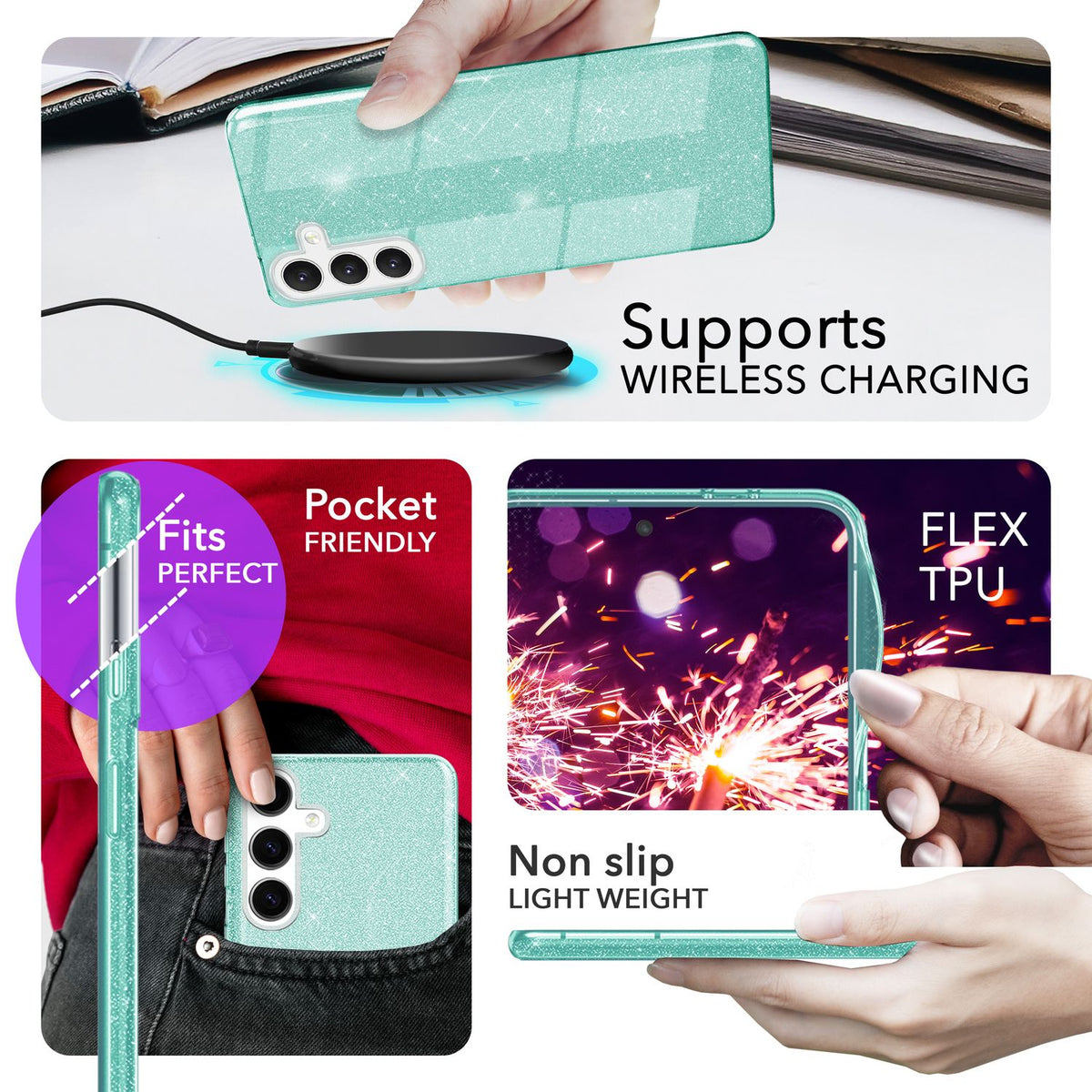 NALIA Glitzerhülle für Samsung Galaxy S24 – Funkelnder Glitzer-Look & Grip – SHINEPOP (Silikon Case) – Marke aus Berlin