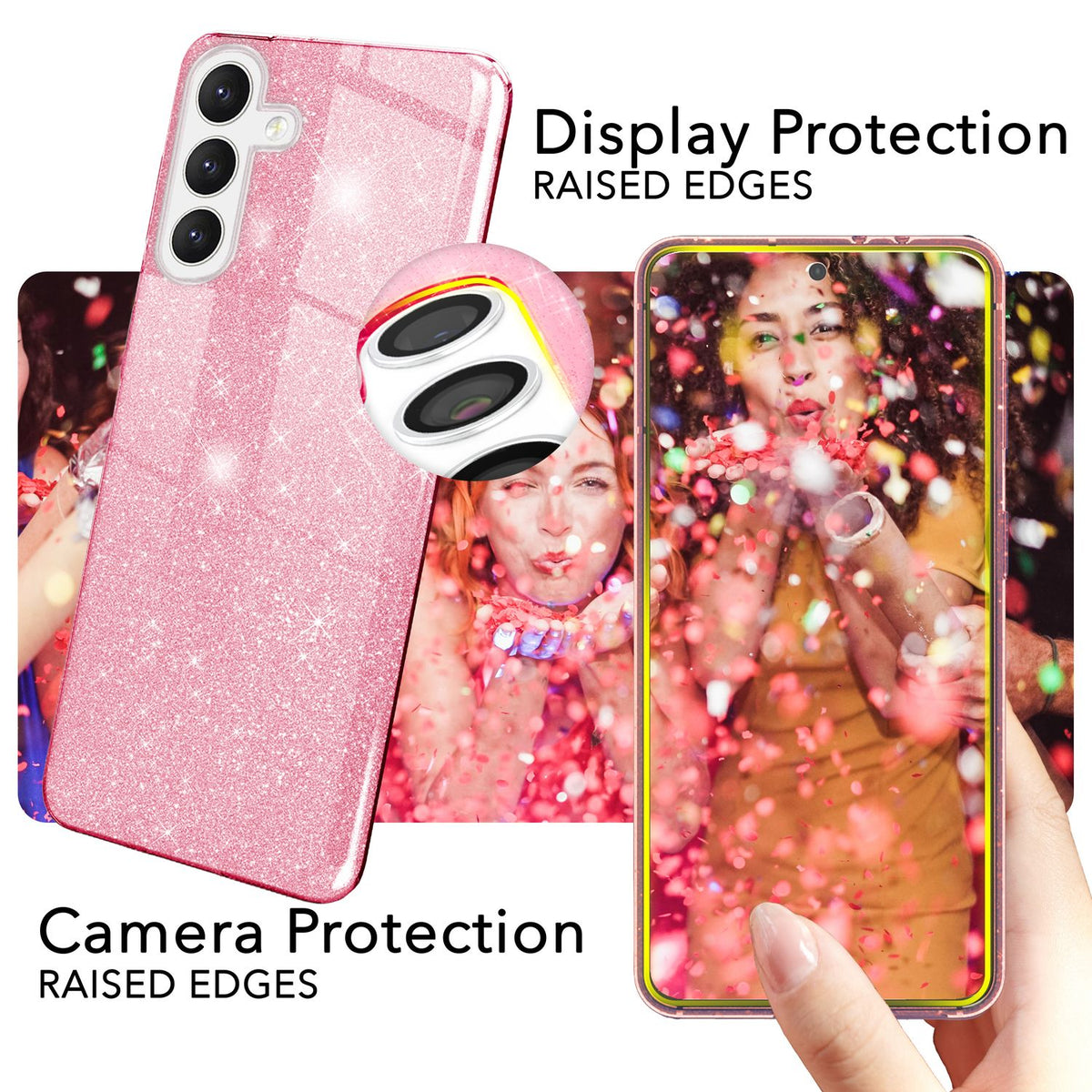 NALIA Glitzerhülle für Samsung Galaxy S24 – Funkelnder Glitzer-Look & Grip – SHINEPOP (Silikon Case) – Marke aus Berlin
