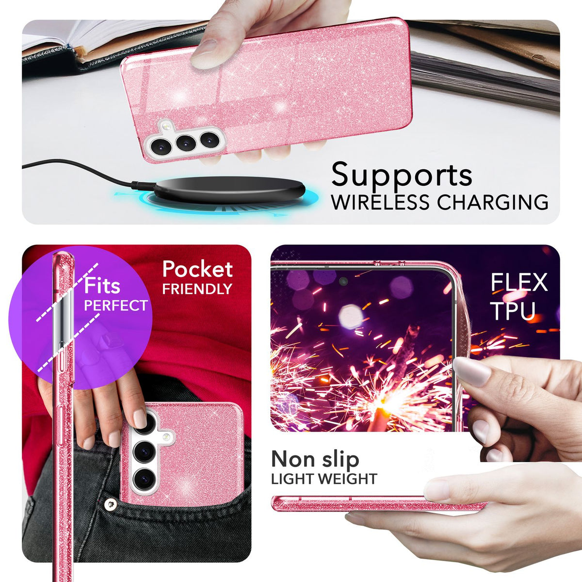 NALIA Glitzerhülle für Samsung Galaxy S24 – Funkelnder Glitzer-Look & Grip – SHINEPOP (Silikon Case) – Marke aus Berlin