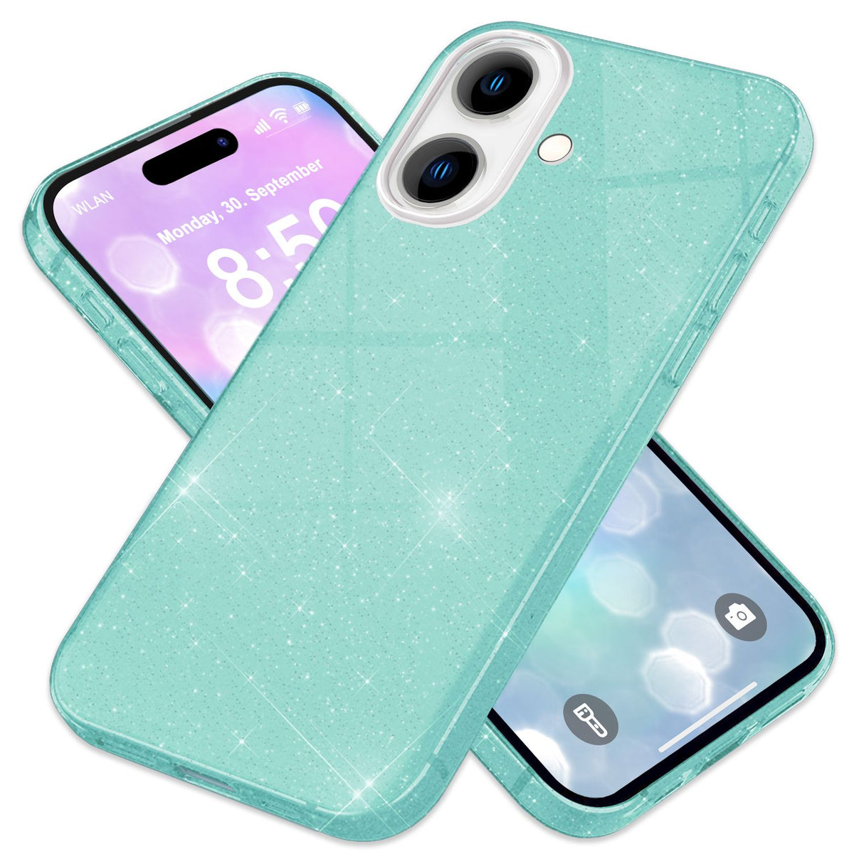 NALIA Glitzerhülle für iPhone 16 Plus – Funkelnder Glitzer-Look & Grip – SHINEPOP (Silikon Case) – Marke aus Berlin