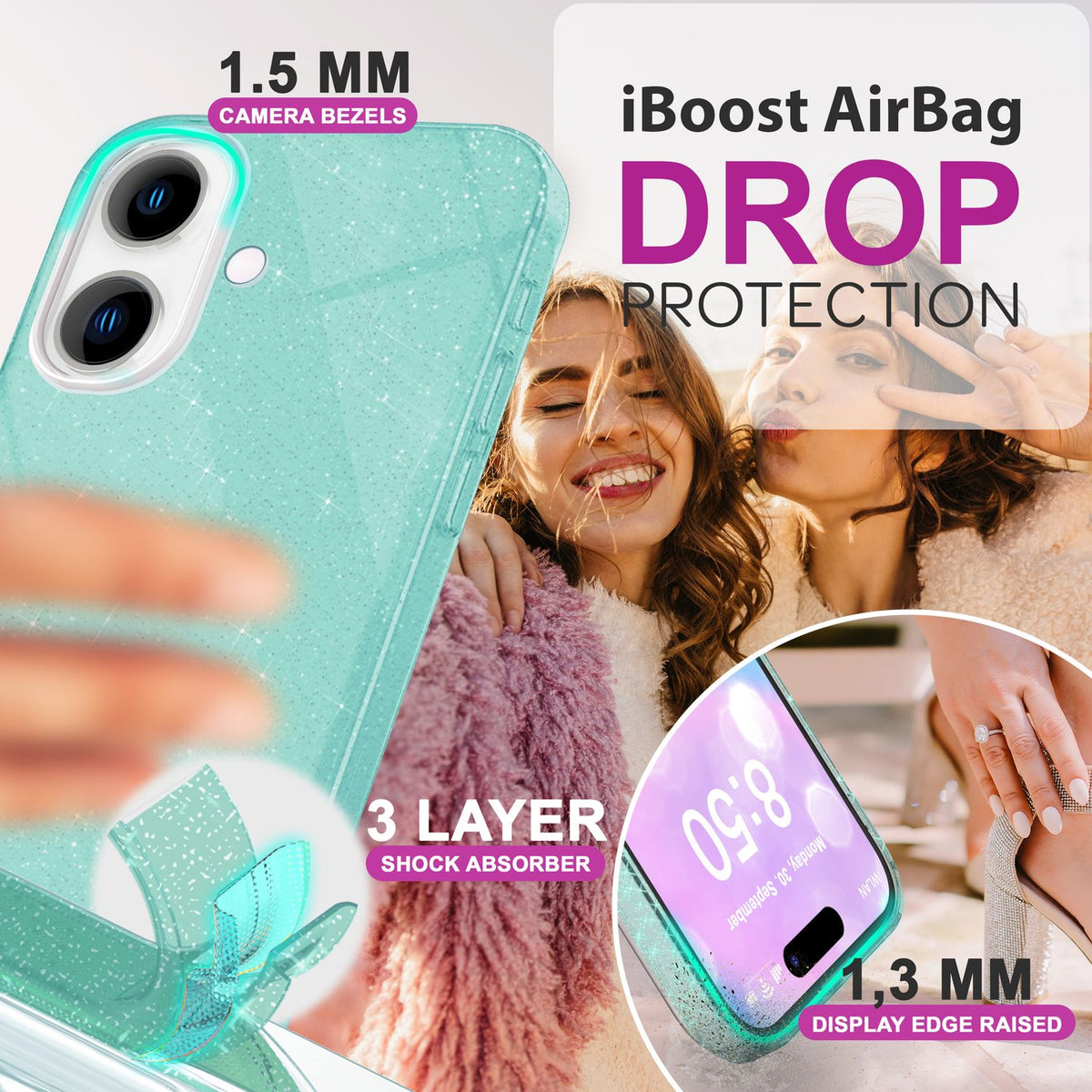 NALIA Glitzerhülle für iPhone 16 Plus – Funkelnder Glitzer-Look & Grip – SHINEPOP (Silikon Case) – Marke aus Berlin