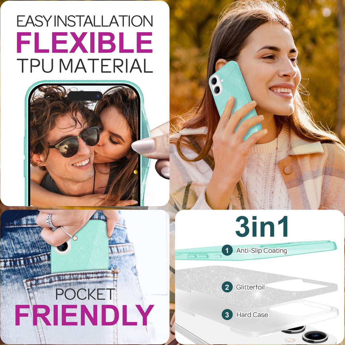 NALIA Glitzerhülle für iPhone 16 Plus – Funkelnder Glitzer-Look & Grip – SHINEPOP (Silikon Case) – Marke aus Berlin