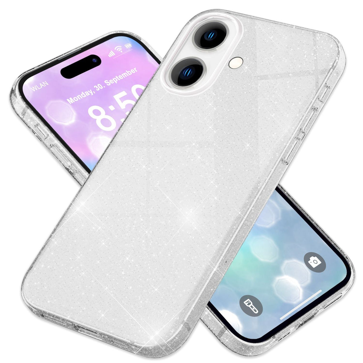 NALIA Glitzerhülle für iPhone 16 Plus – Funkelnder Glitzer-Look & Grip – SHINEPOP (Silikon Case) – Marke aus Berlin