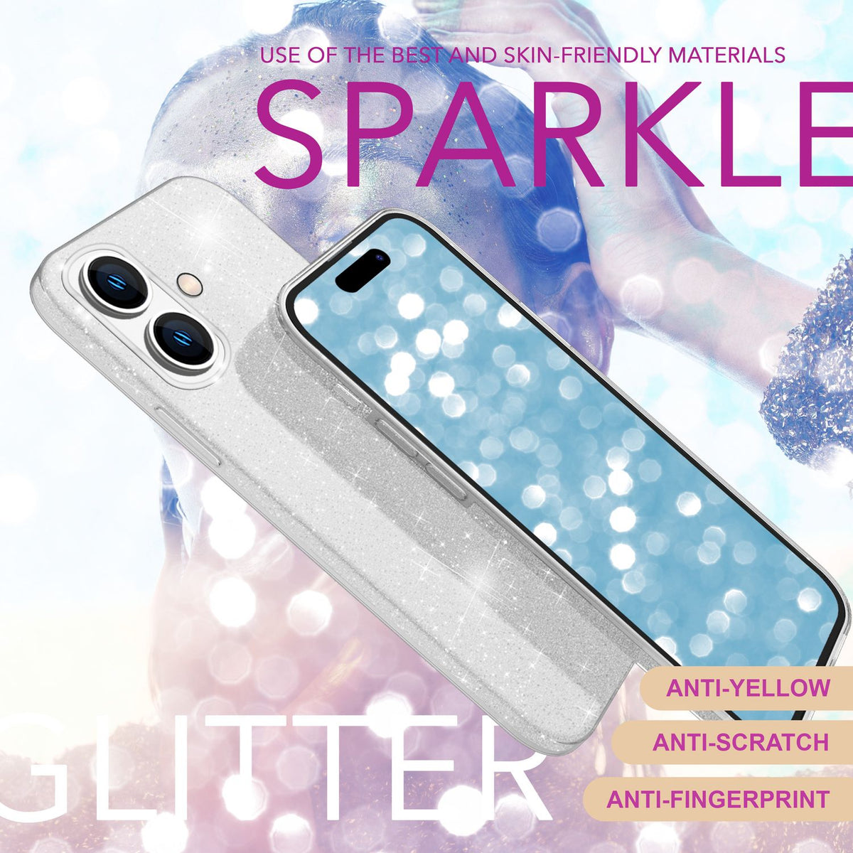NALIA Glitzerhülle für iPhone 16 Plus – Funkelnder Glitzer-Look & Grip – SHINEPOP (Silikon Case) – Marke aus Berlin
