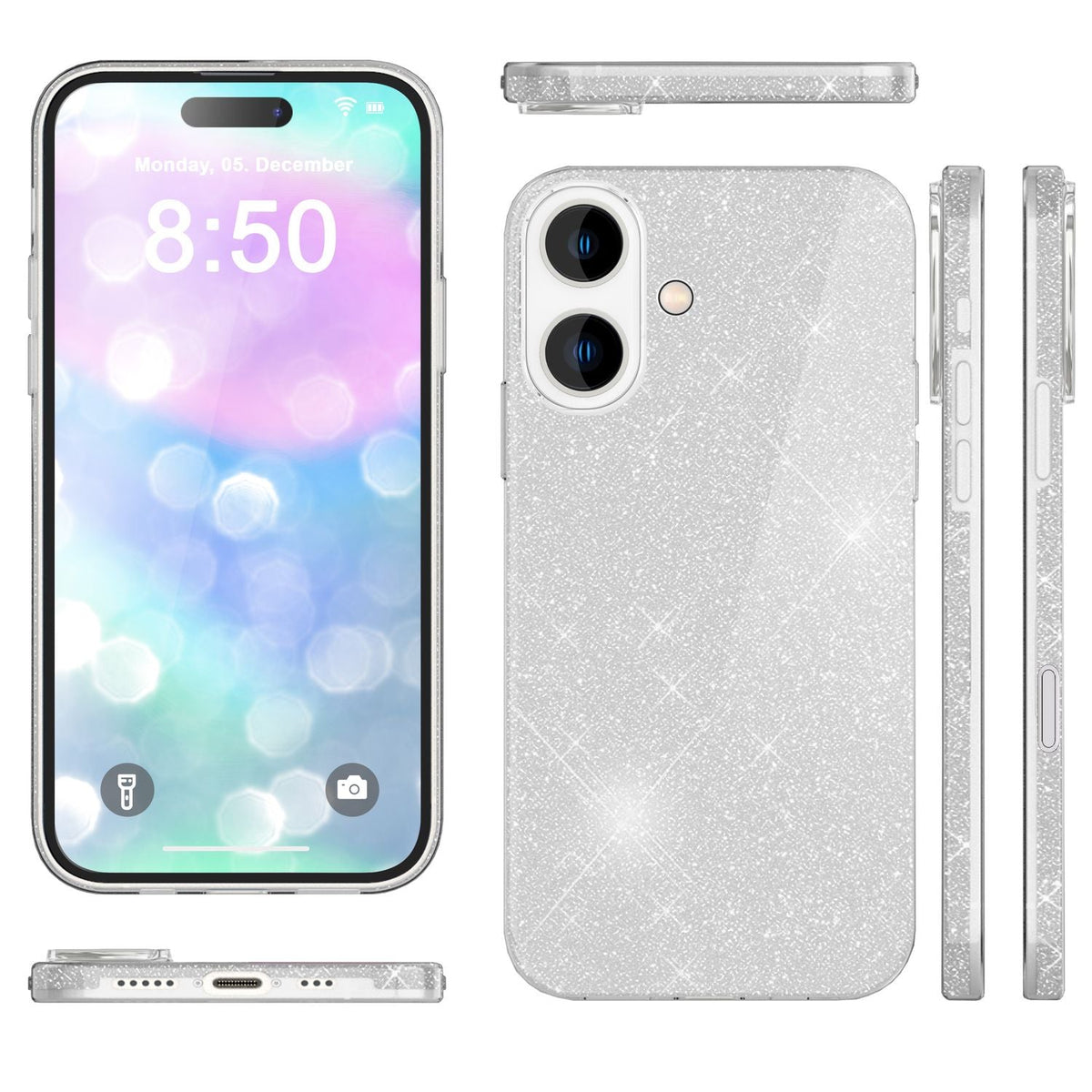 NALIA Glitzerhülle für iPhone 16 Plus – Funkelnder Glitzer-Look & Grip – SHINEPOP (Silikon Case) – Marke aus Berlin