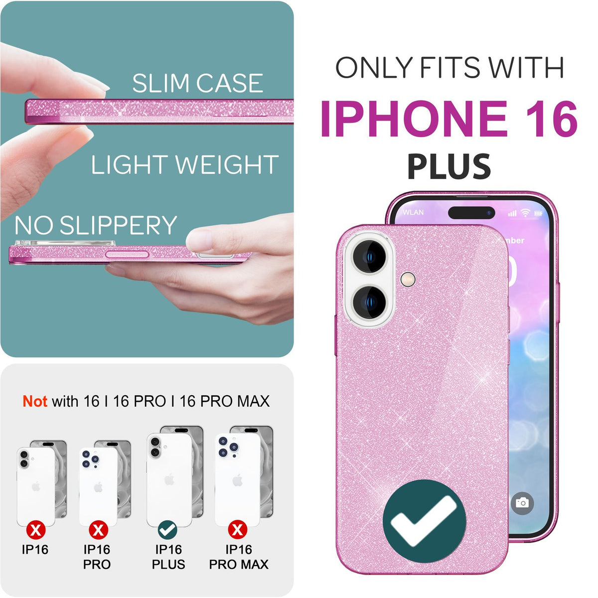 NALIA Glitzerhülle für iPhone 16 Plus – Funkelnder Glitzer-Look & Grip – SHINEPOP (Silikon Case) – Marke aus Berlin