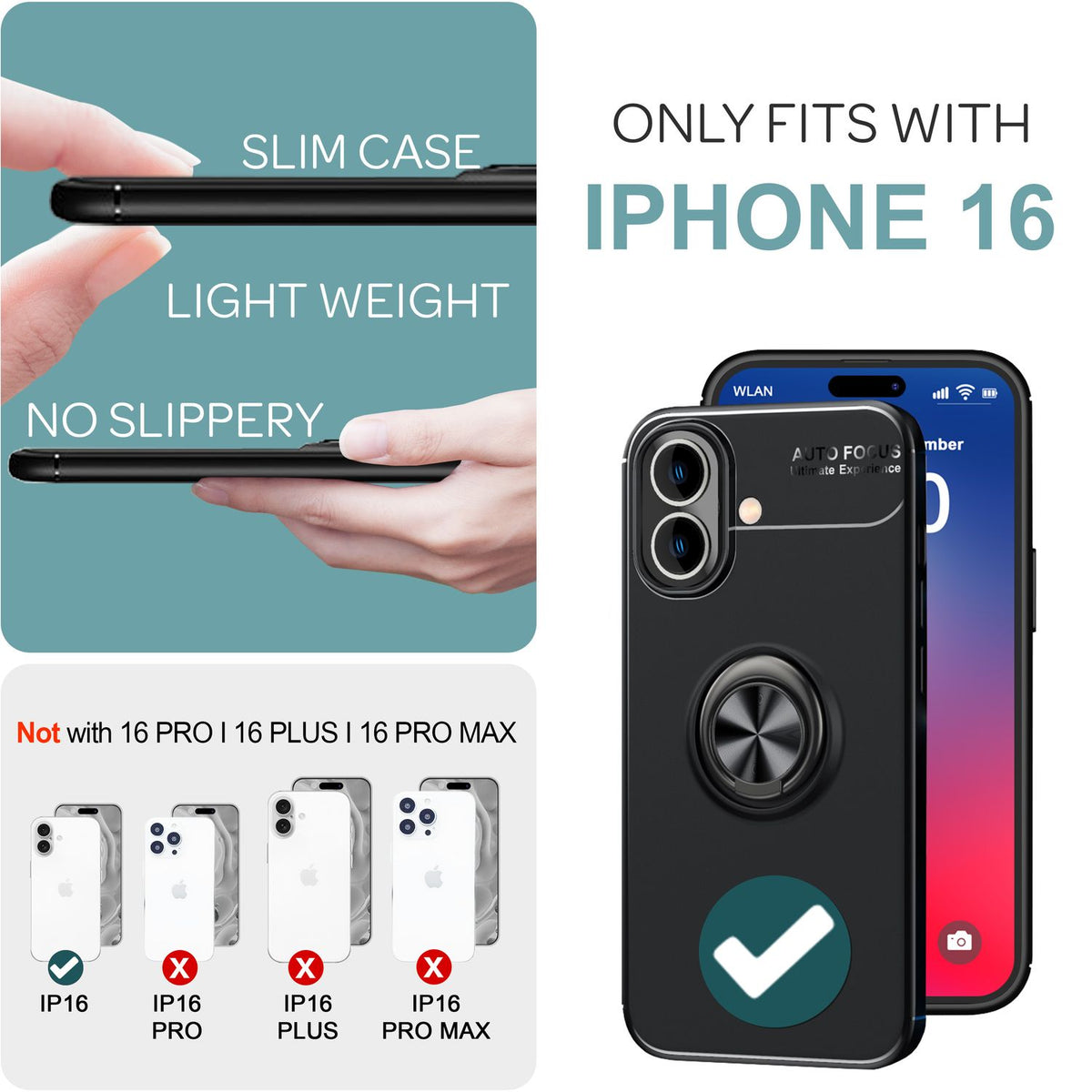 NALIA Ringhülle für iPhone 16 – Ring-Ständer 360° & für Magnet-Halter – GRIP360 (Mattiertes Silikon Case) – Marke aus Berlin