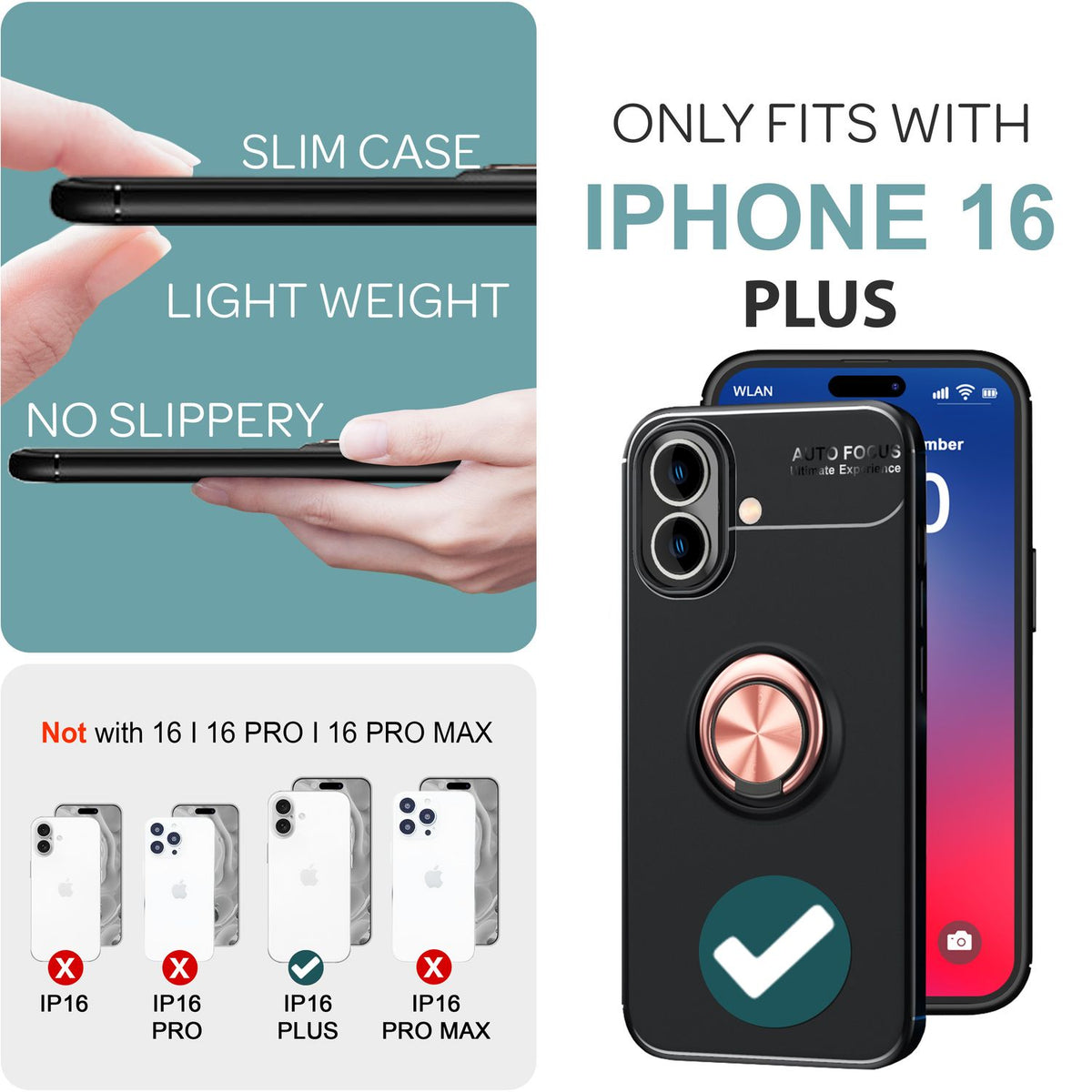 NALIA Ringhülle für iPhone 16 Plus – Ring-Ständer 360° & für Magnet-Halter – GRIP360 (Mattiertes Silikon Case) – Marke aus Berlin