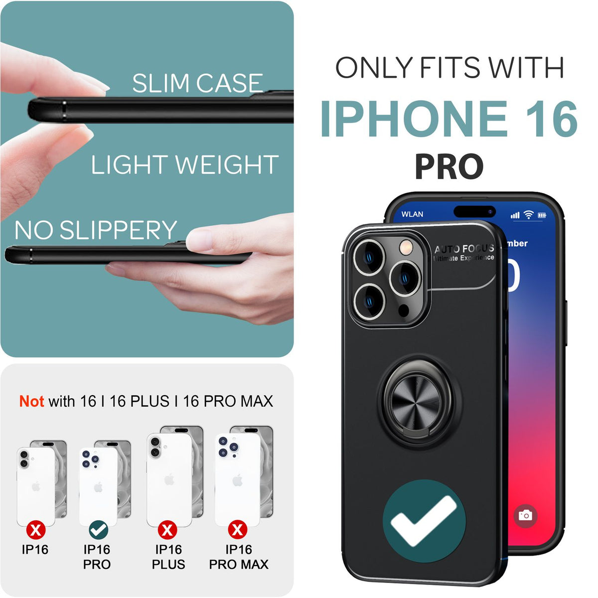 NALIA Ringhülle für iPhone 16 Pro – Ring-Ständer 360° & für Magnet-Halter – GRIP360 (Mattiertes Silikon Case) – Marke aus Berlin