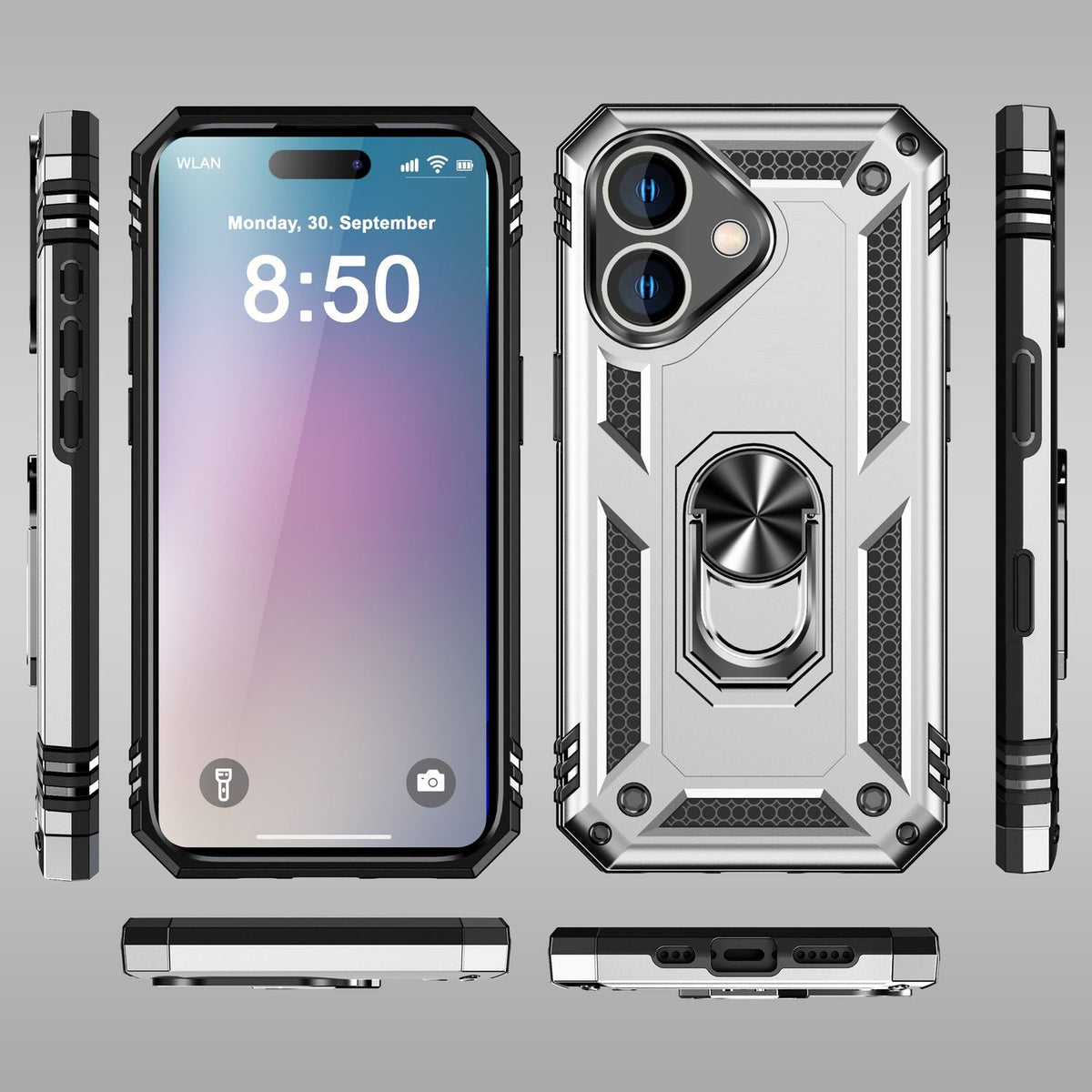 NALIA Panzerhülle für iPhone 16 – Ring-Ständer 360° & Magnet-Halterung Kompatibel – RINGDEFEND (Stoßfestes Outdoor Case) – Marke aus Berlin