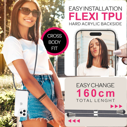 NALIA Handykette für iPhone 16 Pro – Transparentes Hybrid-Case & Band – HANGIT PRO (Anti-Gelb Rückseite & Verstellbar) – Marke aus Berlin