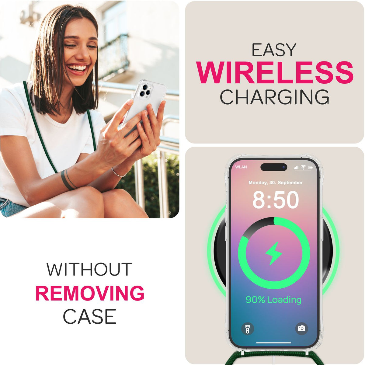 NALIA Handykette für iPhone 16 Pro – Transparentes Hybrid-Case & Band – HANGIT PRO (Anti-Gelb Rückseite & Verstellbar) – Marke aus Berlin