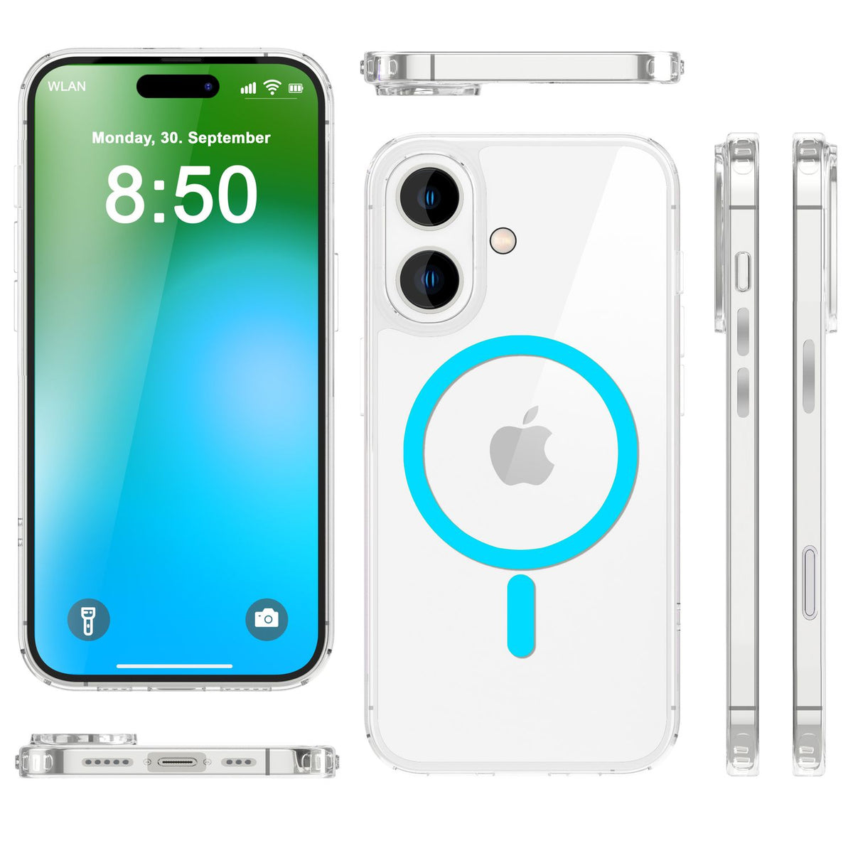 NALIA Neon-Ring Case für iPhone 16 – MagSafe Kompatibel & Nachleuchtend – NIGHT-GLOW (Transparent & Anti-Gelb) – Marke aus Berlin