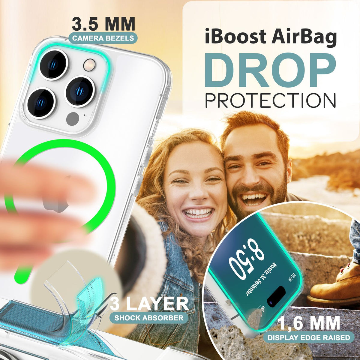 NALIA Neon-Ring Case für iPhone 16 Pro – MagSafe Kompatibel & Nachleuchtend – NIGHT-GLOW (Transparent & Anti-Gelb) – Marke aus Berlin