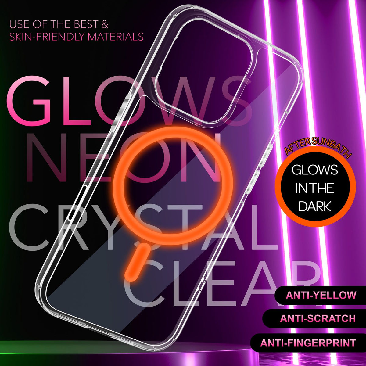 NALIA Neon-Ring Case für iPhone 16 Pro – MagSafe Kompatibel & Nachleuchtend – NIGHT-GLOW (Transparent & Anti-Gelb) – Marke aus Berlin