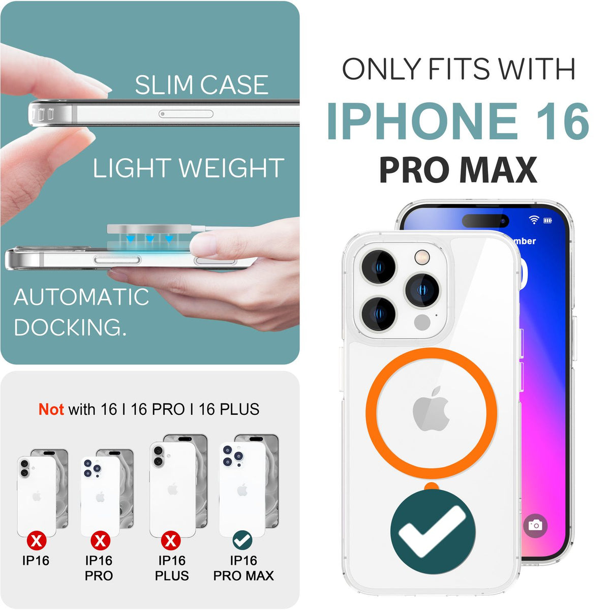 NALIA Neon-Ring Case für iPhone 16 Pro Max – MagSafe Kompatibel & Nachleuchtend – NIGHT-GLOW (Transparent & Anti-Gelb) – Marke aus Berlin
