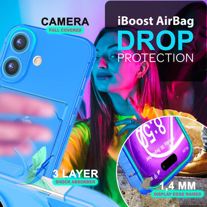 NALIA Neon Silikonhülle für iPhone 16 Plus – Kartenfach & Knallige Signal-Farbe – CARDPOP (Anti-Shock Handyhülle) – Marke aus Berlin